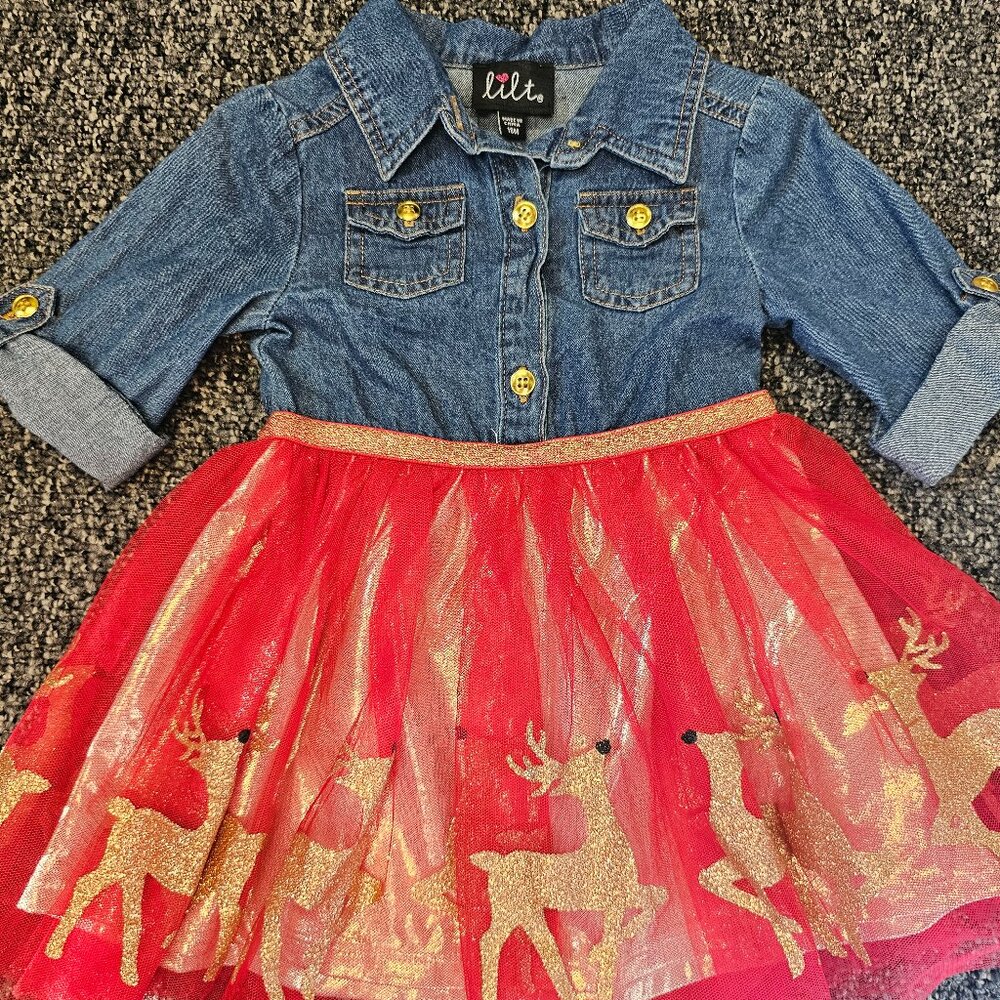 Lilt Denim and Red Tulle Dress with Gold Accents